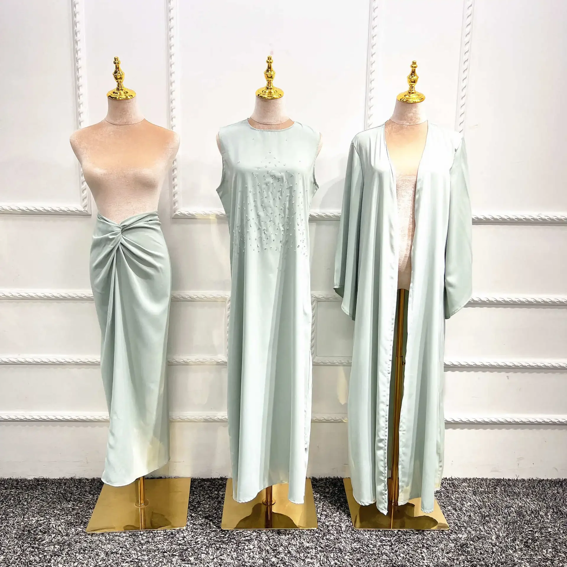 3 Piece Abaya Kimono Matching Muslim Sets Nida Beads Abayas for Women Dubai Turkey Hijab Dress + Wrap Skirt Islam Modest Outfit