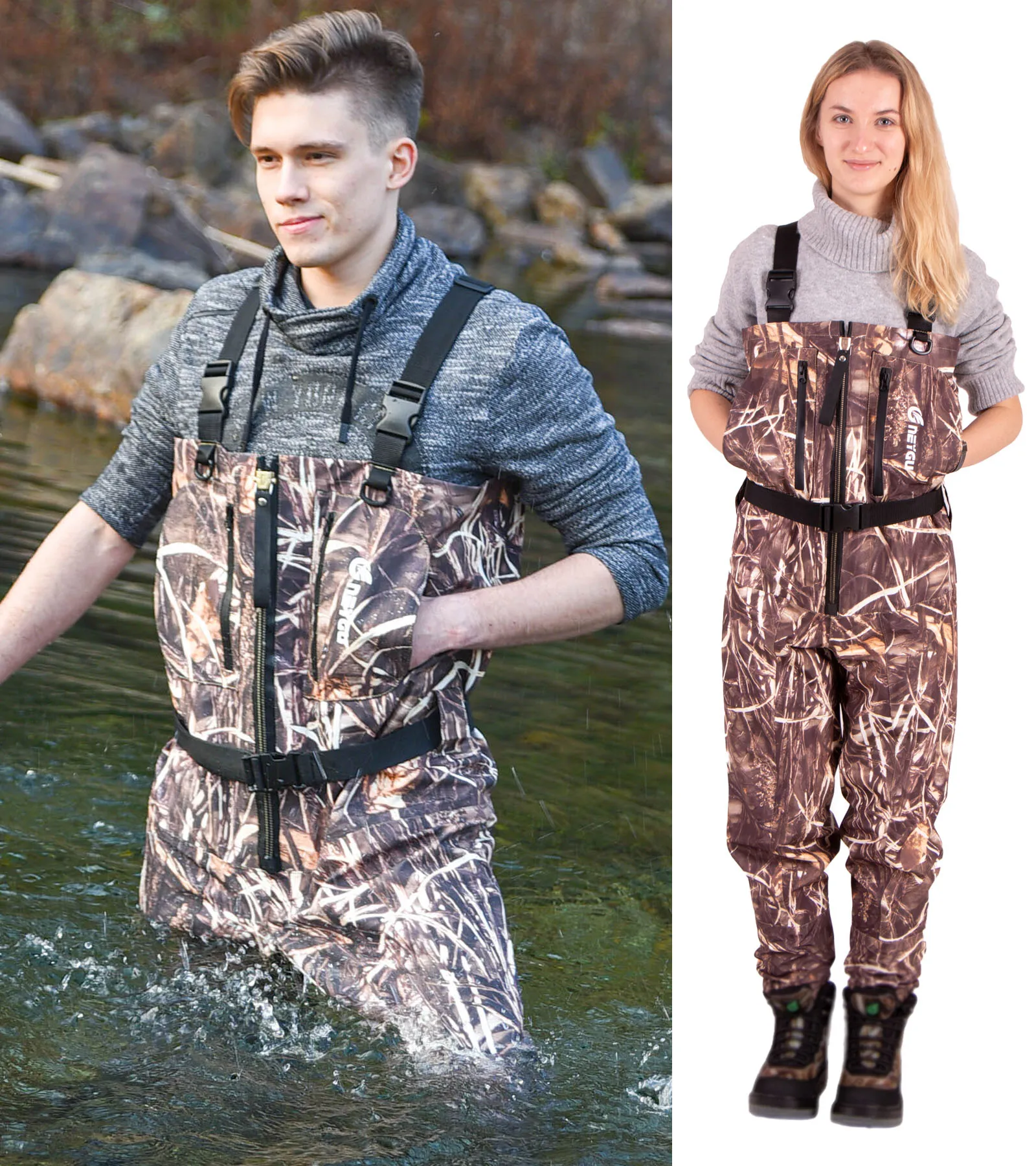 NeyGu Withered Reed Leaf Quick-Drain Waterproof fishing Wader with Front Venting Zip userful in flood，rainy snowy weather