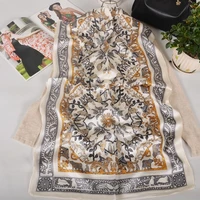 BYSIFA| Women's Grey White 100% Mulberry Silk Scarf Fall Winter Floral Bird Design Neck Long Scarves Headscarf for Hair Wraps