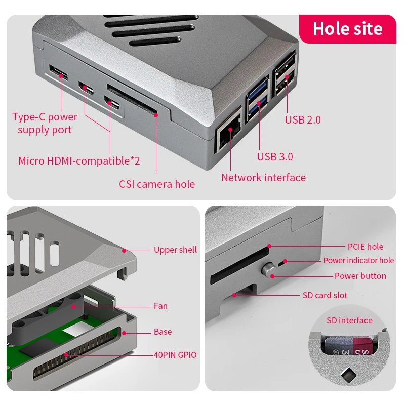 Raspberry Pi 5 ABS чехол Серебристая теневая коробка с ШИМ-охлаждением Φ подходит для кнопки питания активного охлаждения для Pi 5