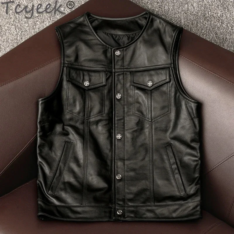 

Genuine Tcyeek Jacket 2024 Autumn New Cowhide Motorcycle Sleeveless Jackets Men Coat Male Leather Vest