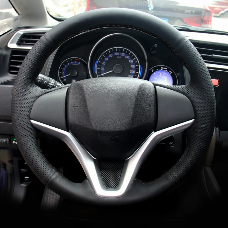 Car Steering Wheel Cover Nonslip Hand Sewing Black Genuine Leather