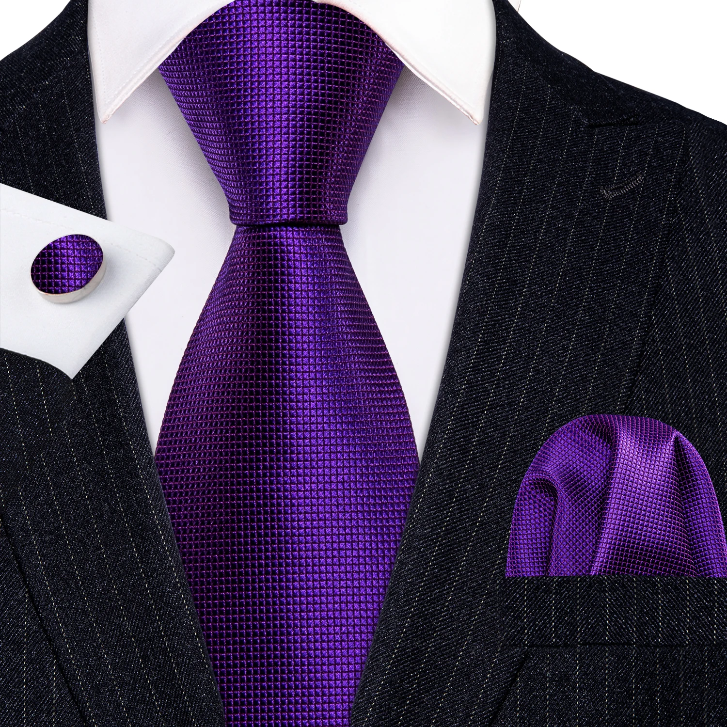 Barry.Wang Jacquard-Krawatte für Herren in Dunkellila mit Einstecktuch, Manschettenknöpfe-Set, exquisite Krawatte für Herren, Hochzeit, Business – Detail 4