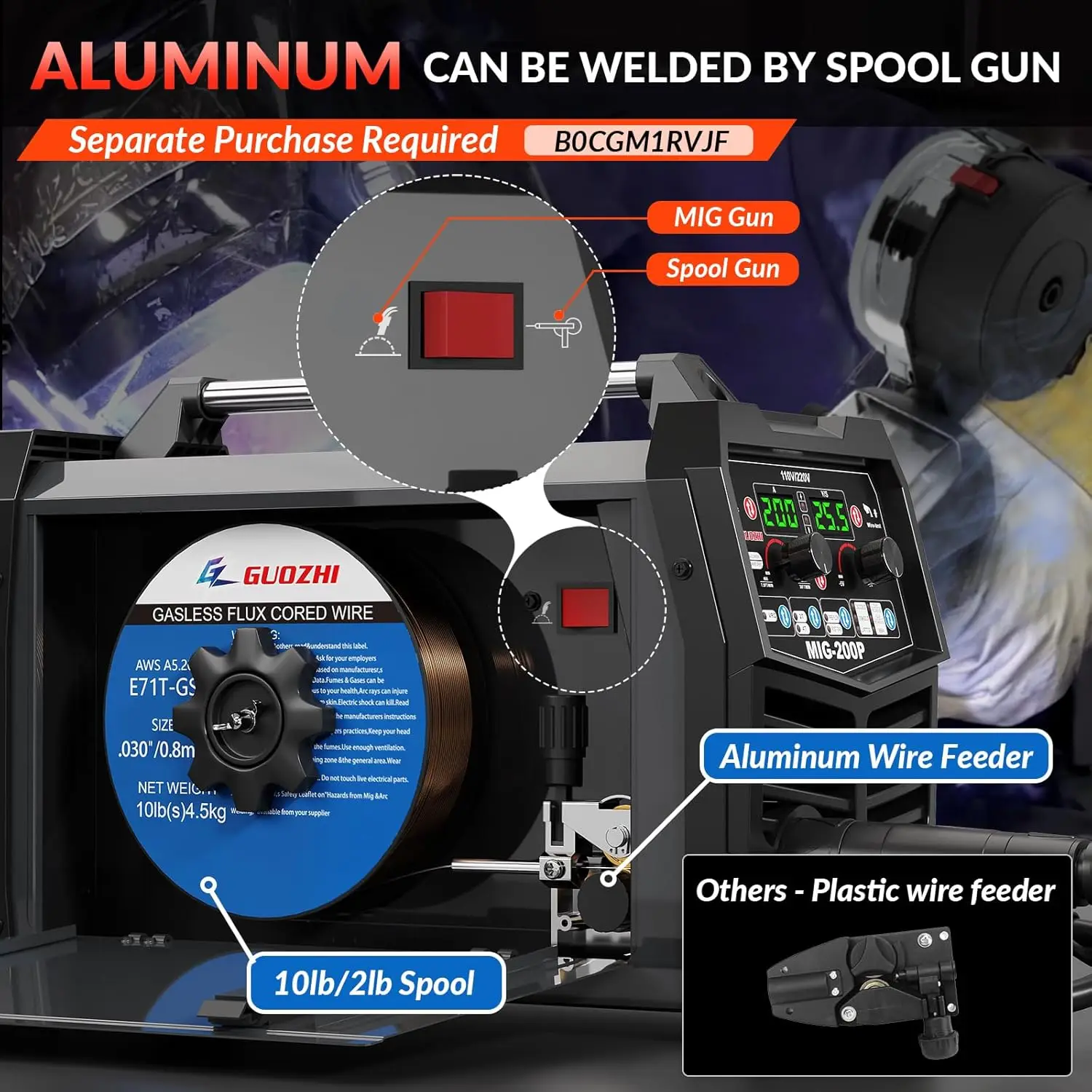 200A MIG Welder 7 in 1 Gas MIG/MAG/Gasless Flux Core MIG/Lift TIG/Stick/Spot Welding/Spool Gun Multi-Process Aluminum Mig 3