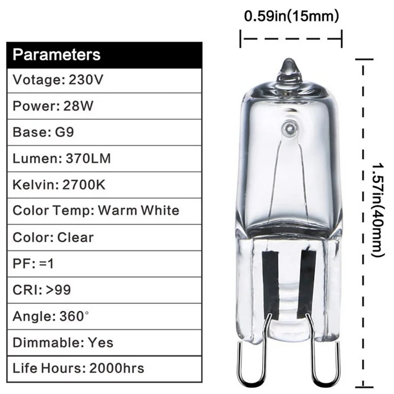 100PCS G9 230V 18W 20W 25W 33W 40W LED 램프 전구 삽입 구슬 크리스탈 램프 할로겐 전구 에코 할로겐 전구 캡슐