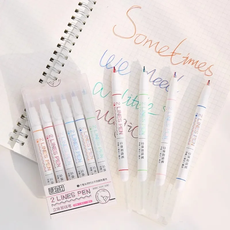 

6pcs 0.5mm Gel Pens Pigment Liner Highlighter 2 Lines Colored Marker Pens DIY Drawing Painting Graffiti Pen Kawaii Stationery