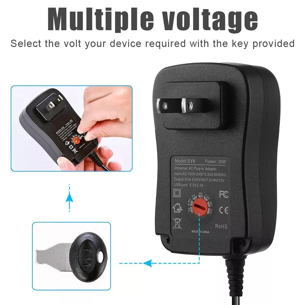 30W Universal Power Adapter Adjustable Voltage AC/DC Supply 8 Tips For EU US UK AU Plugs Worldwide Charging Compatible power adapter