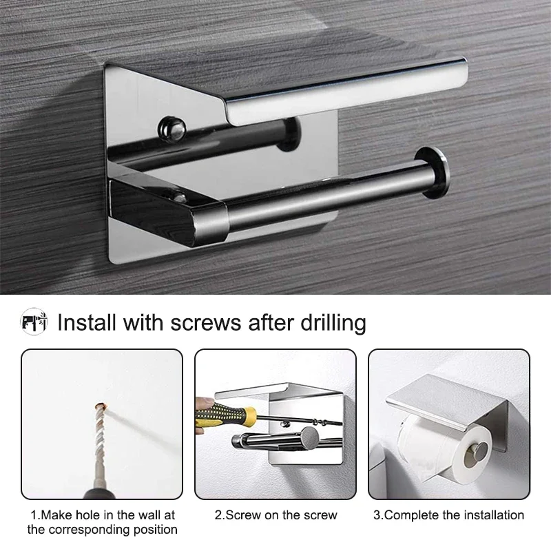 Stainless Steel Toilet Paper Roll Holders Shelf with Phone Storage Holder Tray for Bathroom Kitchen Easy To Install Accessories