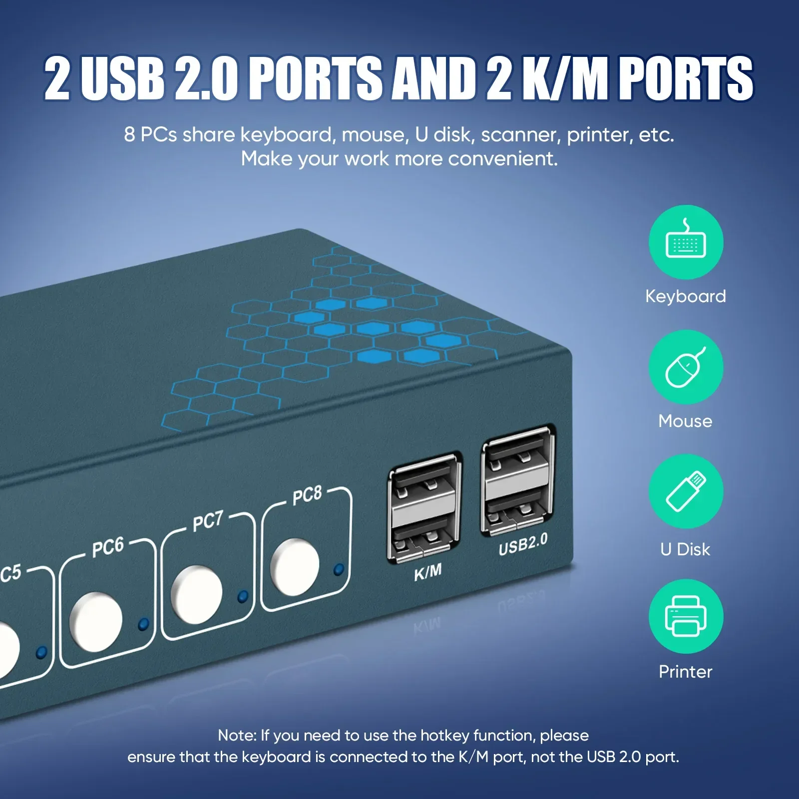 키보드 마우스 플러그 앤 플레이 지지대 핫키 전환, 8 포트 KVM 스위치, USB2.0, 4K30Hz, 8 인 1 아웃, 8 개 PC 공유