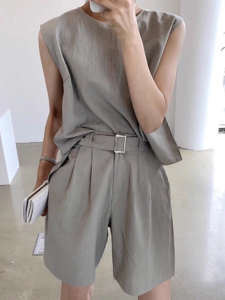 세련된 여름 틈새 코튼 린넨 조끼 탑 하이 웨이스트 다목적 와이드 레그 반바지 투피스 세트 트렌디 여성 패션 복장 