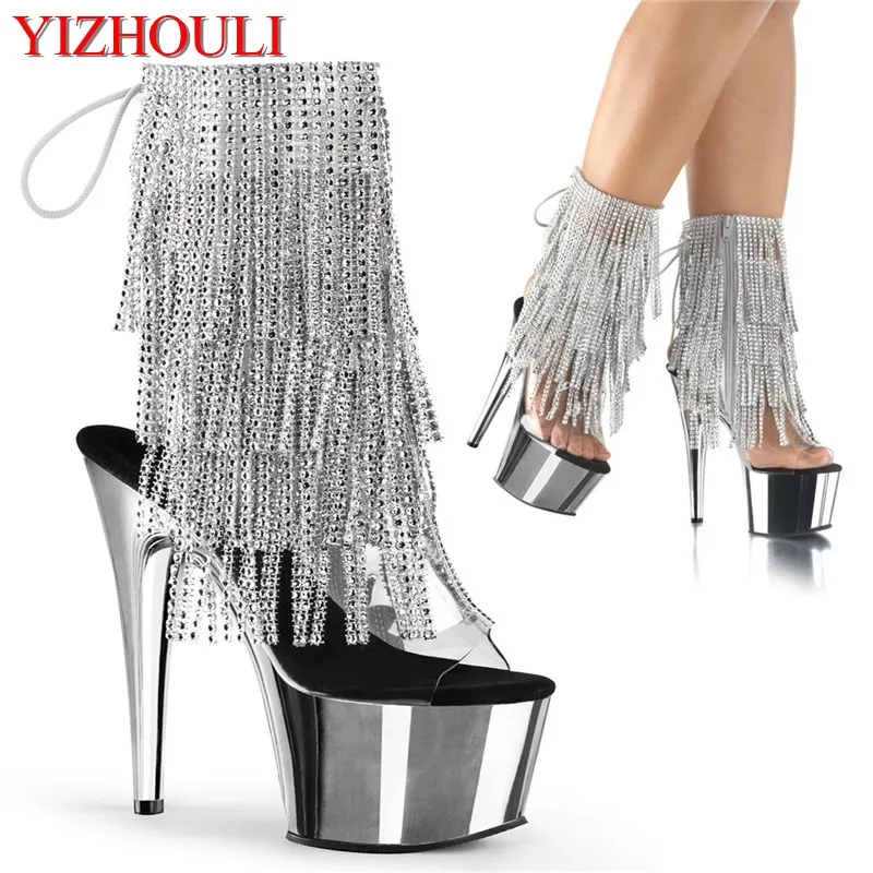 

17cm pole dancing shoes, 7in sexy ankle boots, beaded upper, stiletto plating waterproof platform, stage show dance shoes