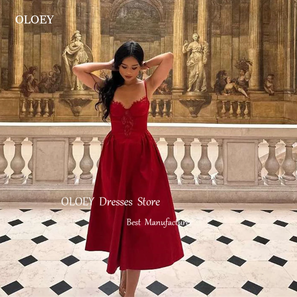 

OLOEY Red Velvet Evening Dresses Wedding Party Gowns Sweetheart Spaghetti Straps Tea length Prom Gowns Formal Christmas Dress