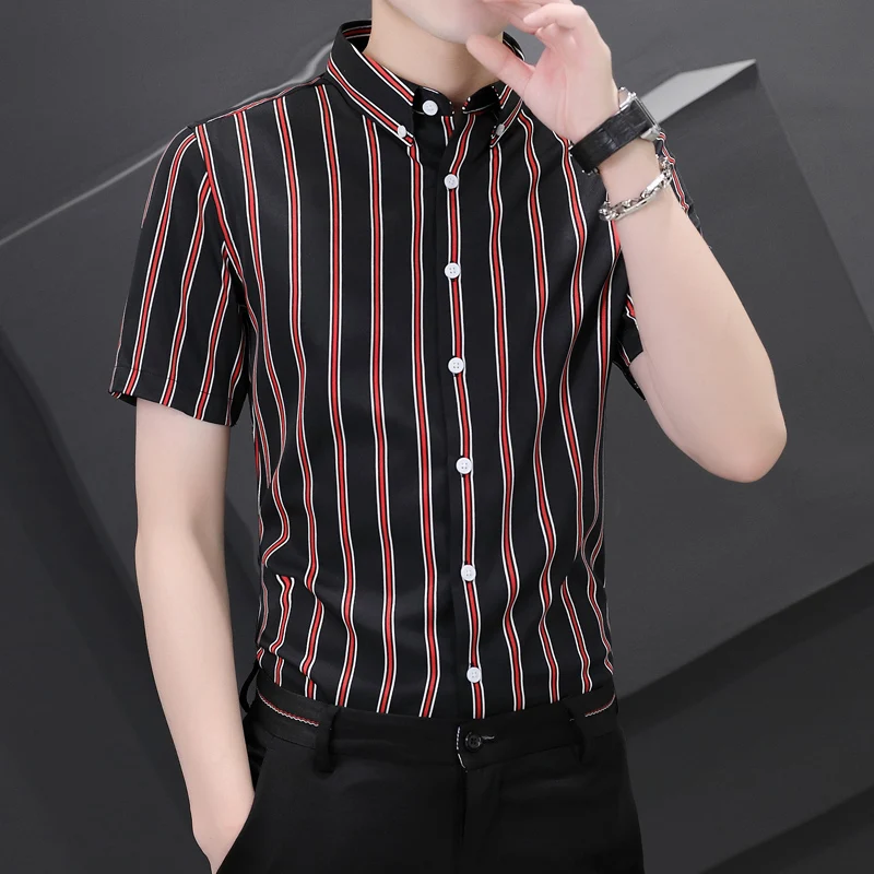 

Elastic Anti-Wrinkle Striped Fashion Slim Short Sleeve Shirt Men Summer New Quality Smooth Comfortable Seamless Camisa Masculina