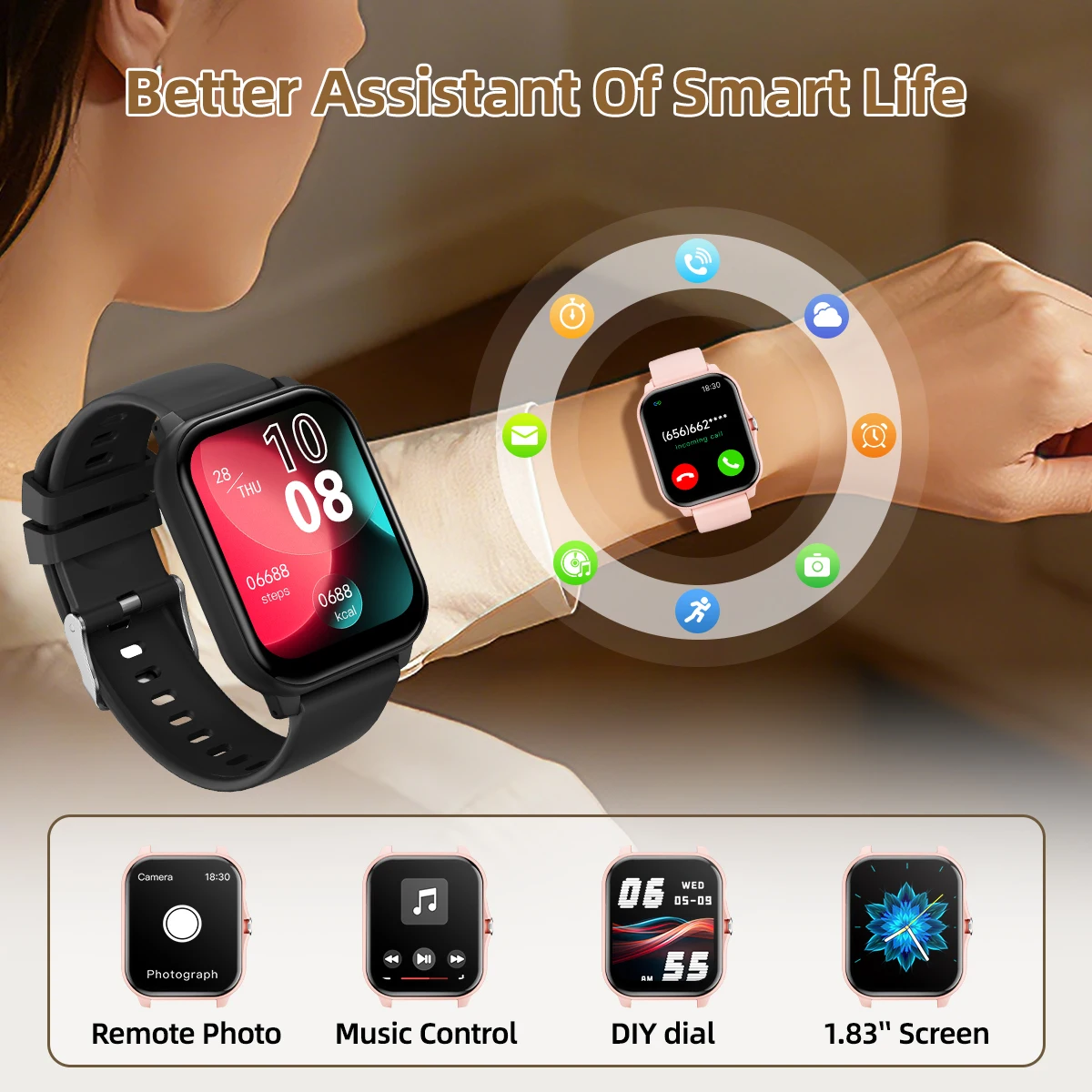 2026 New Men Ladies Smart Watch Bluetooth Talk 1.83 inch HD Display Social Notifications Music Control for Android IOS iPhone 3