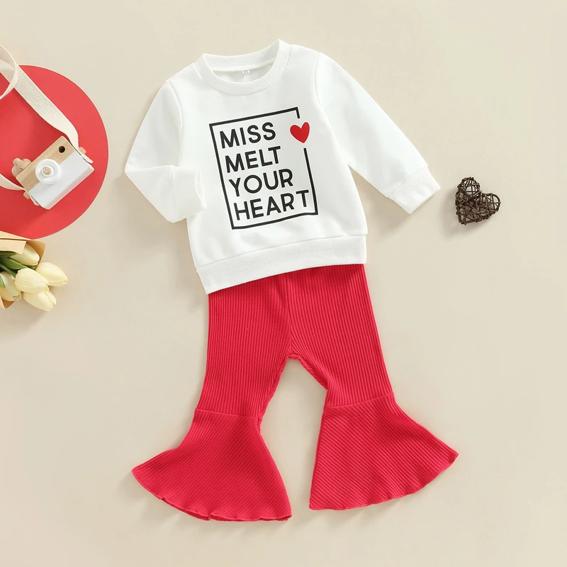 -11-17 Lioraitiin 0-3Years Baby Girls Valentines Day Set Long Sleeve Letters Heart Print Sweatshirt Elastic Waist Flare Pant