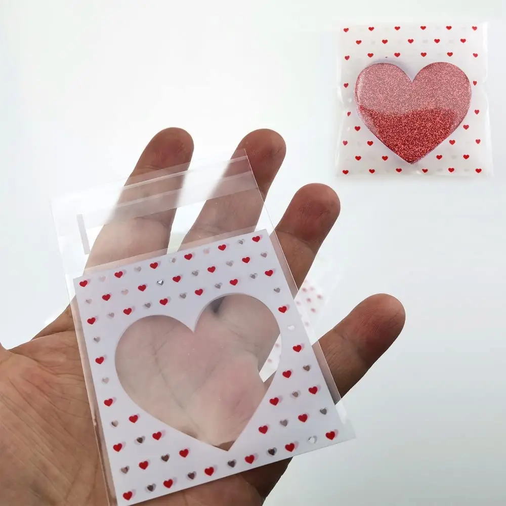 100 Stück Herz-Opp-Plastiktüten, transparente selbstklebende Beutel für Valentinstag, Kekse, Süßigkeiten, Produkte, Schmuckverpackungen, kleine Unternehmen – Detail 5