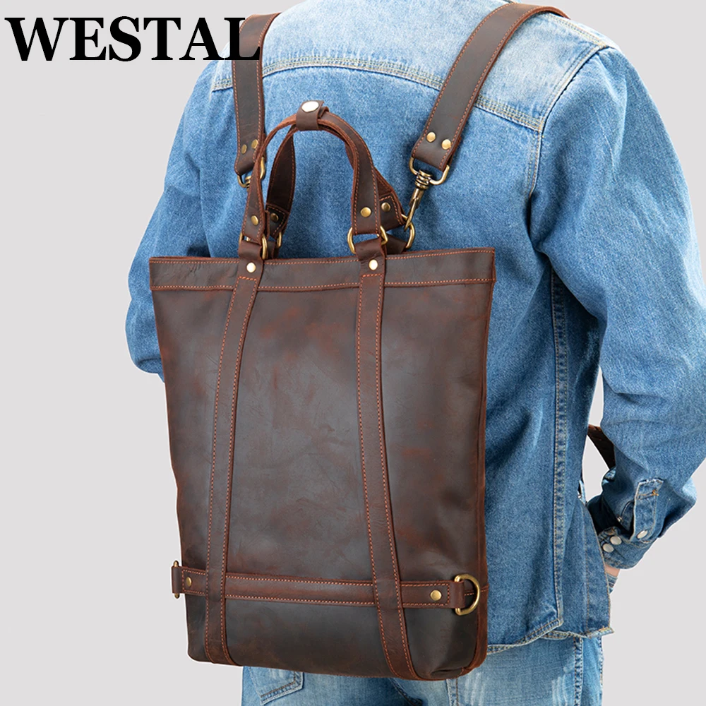 

WESTAL Crazy Horse Leather Retro Motorcycle Backpack 15 Inch Laptop Bag Anti-theft School Bag Designer Luxury Travel Notebook