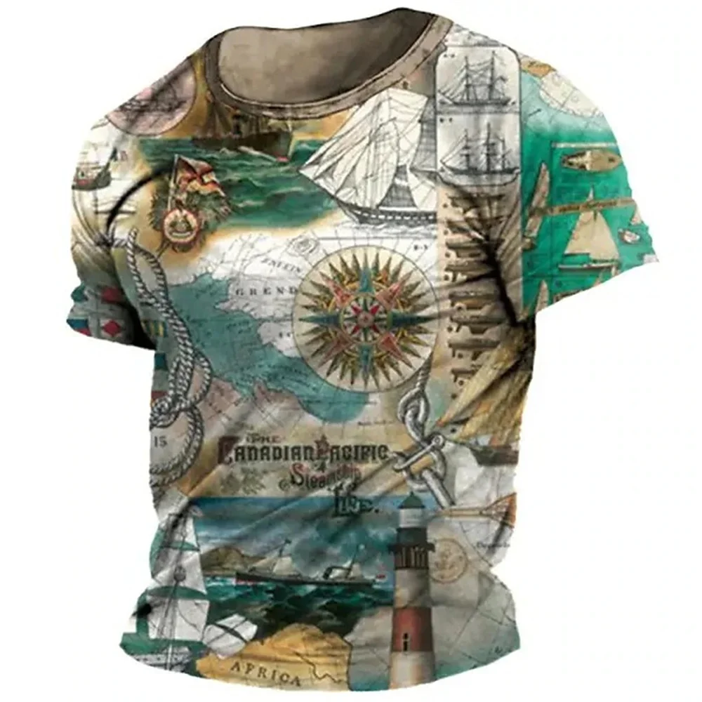 Summer Fashion Personality Retro Navigation Compass graphic t shirts For Men Trend Vintage Printed O-neck Short Sleeve Tees Tops
