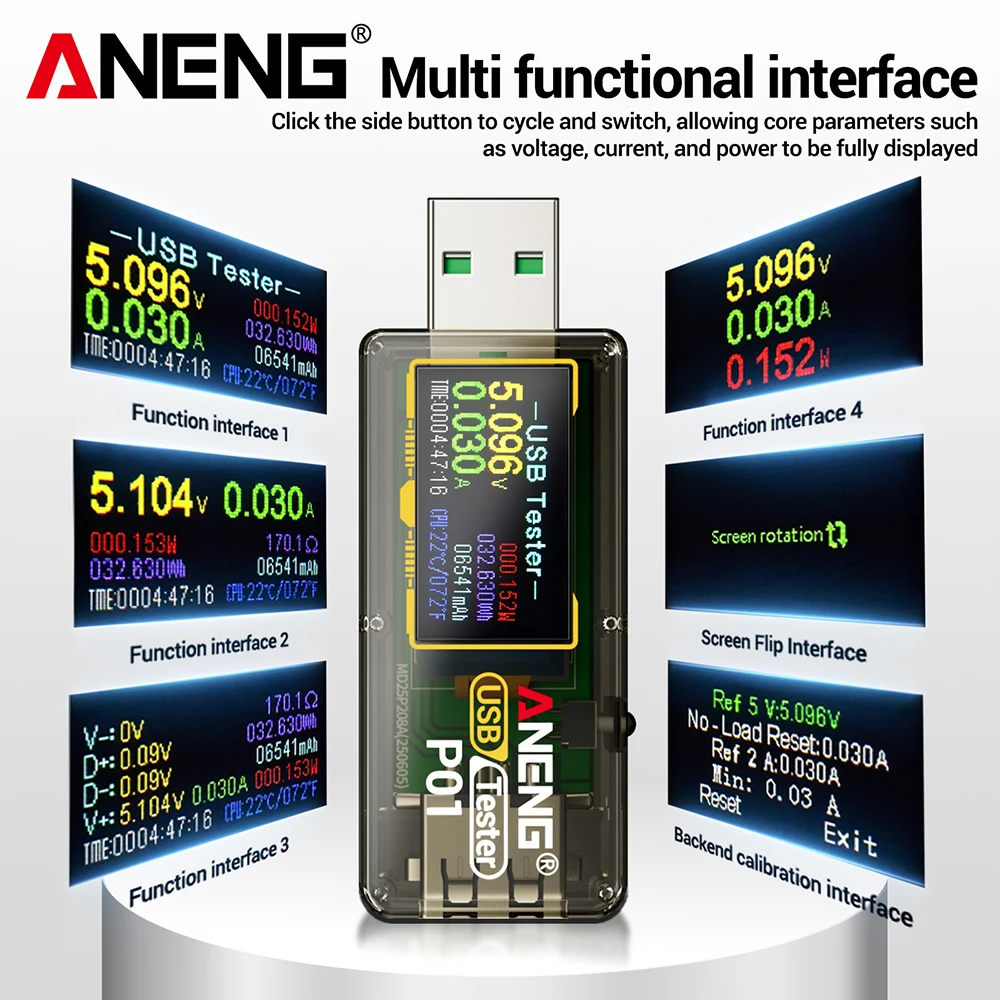 ANENG P01 디지털 USB 테스터 전압 디스플레이 4-30V 다기능 고속 충전 감지기 모니터 전압 전류 용량 테스터