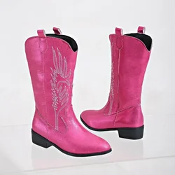 Winter Shoes Female Slip-on Women's Mid-Calf Boots Square Low Heel Casual Embroider Ladies Pink Satin Embroidery Carve Designs