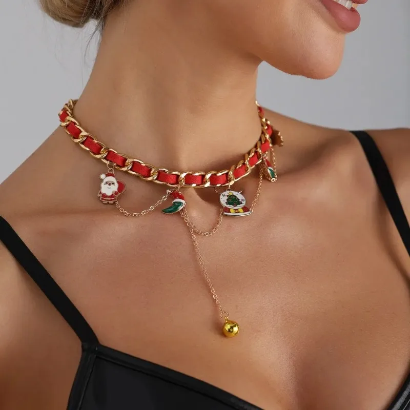 Cute Christmas Red Green Choker Clavicle Necklace for Women Xmas New Year Party Gift Festival Metal Girl Jewelry