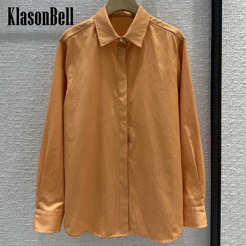 

4.8 KlasonBell Classic Letter Jacquard Long Sleeve Blouse For Women 2024 New Hidden Breasted Loose Casual Cotton Shirt
