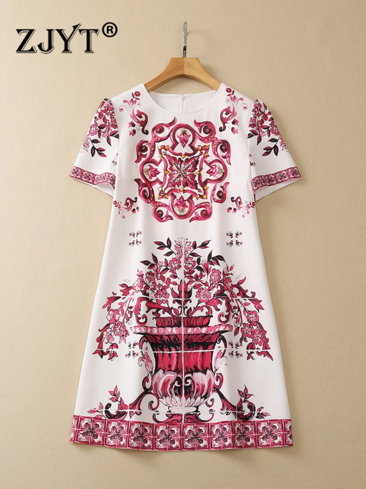 

ZJYT Summer Runway Red Porcelain Print Vintage Dresses for Women 2024 Designer Short Sleeve Beading Vestidos Casual Party Robe