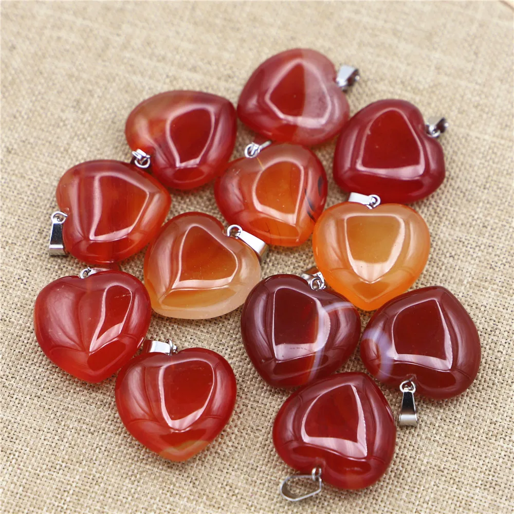 25*24MM Natural Stone Red Onyx Agate Heart Pendant Designer Charms Healing Crystals Necklace for Jewelry Making 12Pcs Wholesale