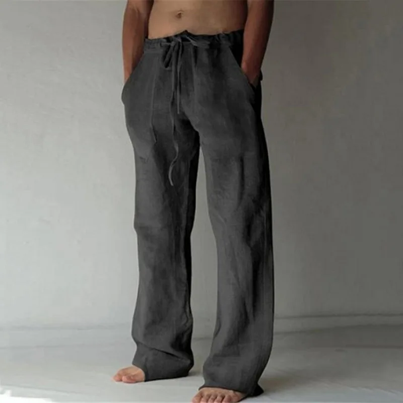 Men'S Summer Casual Pants Daily Wear Solid Full Length Soft Linen Pants Mid Waist Pocket Drawstring Trousers Streetwear_viptrois.com