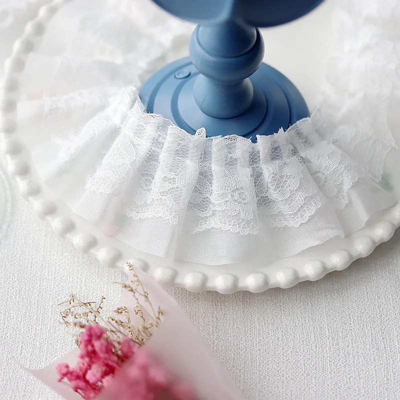 Chiffon lace fabric 5CM wide double layers pleated needlework frilled ruffle trim for dress collar neckline DIY crafts sewing