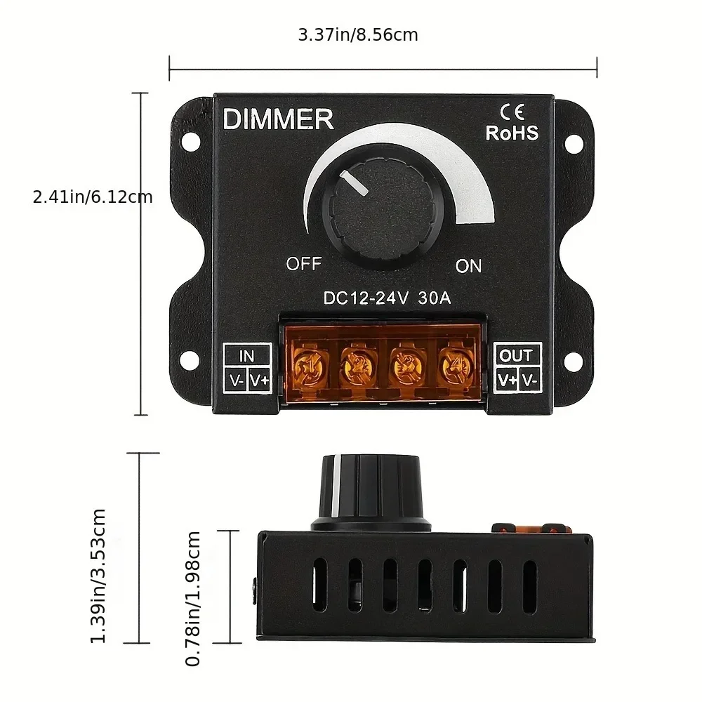 DC 12V-24V LED Dimmer Switch 30A LED Monochrome Controller PWM Digital Stepless Dimming for Lamp Strip Single Color Lamp