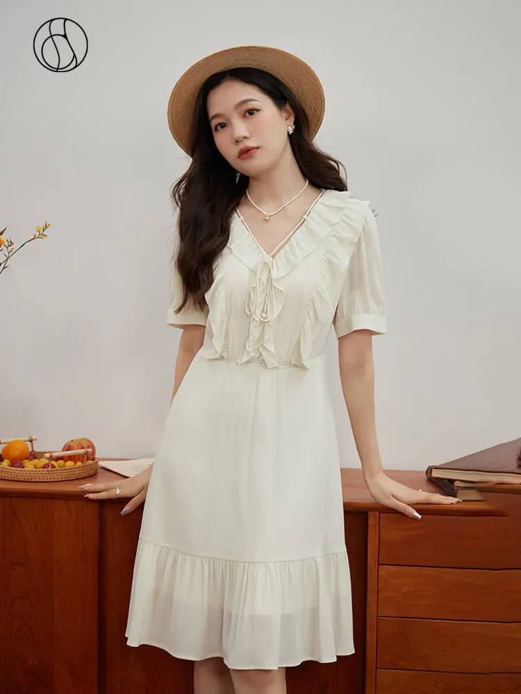 

DUSHU French Sweet Sense Wood Ear A-Line Dress for Women Summer Newly Pastoral Style V-neck Length Optional Dress Female