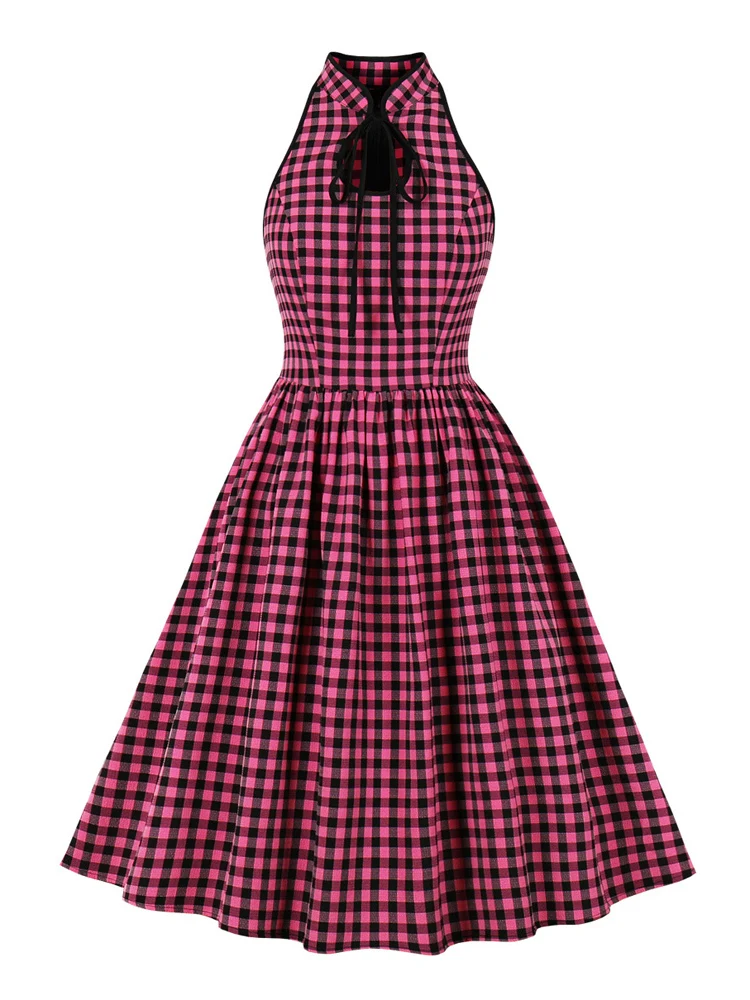 

2023 New Retro Pink and Black Plaid Sleeveless Pleated Rockabilly Dress Y2K Women Stand Collar Keyhole Knot Front Party Dresses