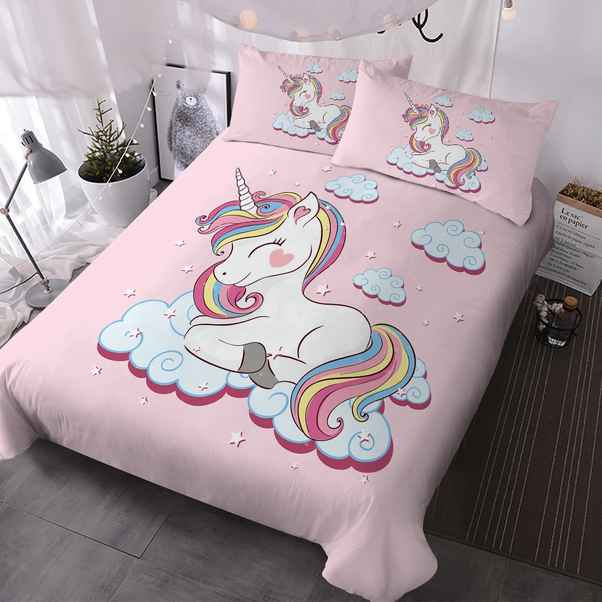 Smiley Unicorn Bedding Sets With Duvet Cover 3 Pieces Bedspreads With 2 Pillow Shams