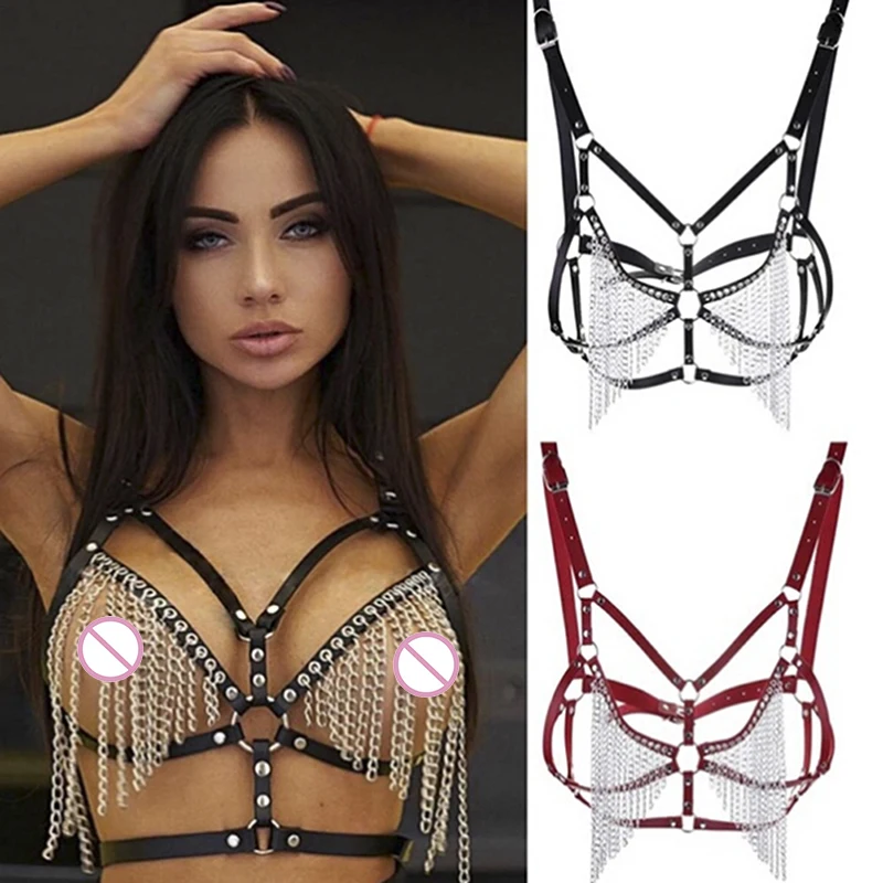 

Women Leather Body Chest Harness Cage Bra Chain Belt Gothic Costume Black