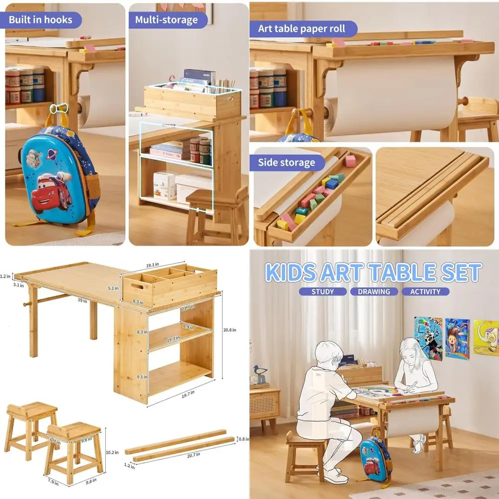 Art Table and Chair Set for Kids with Paper Roll Holder, Storage Shelves, Side Tray, Organizer Caddy, and 2 Stools, Ideal for Ag