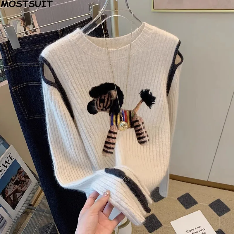 

Stylish Embroidery Sweater Tops For Women Fashion Chic Elegant Ladies Knitwear Shoulder-open Long Sleeve O-neck Jumpers 2024