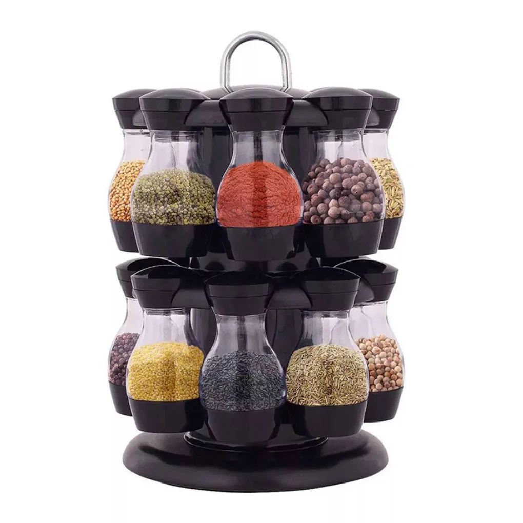 Rotating Spice Rack with Bottles Table Top Herbs Condiment Jars