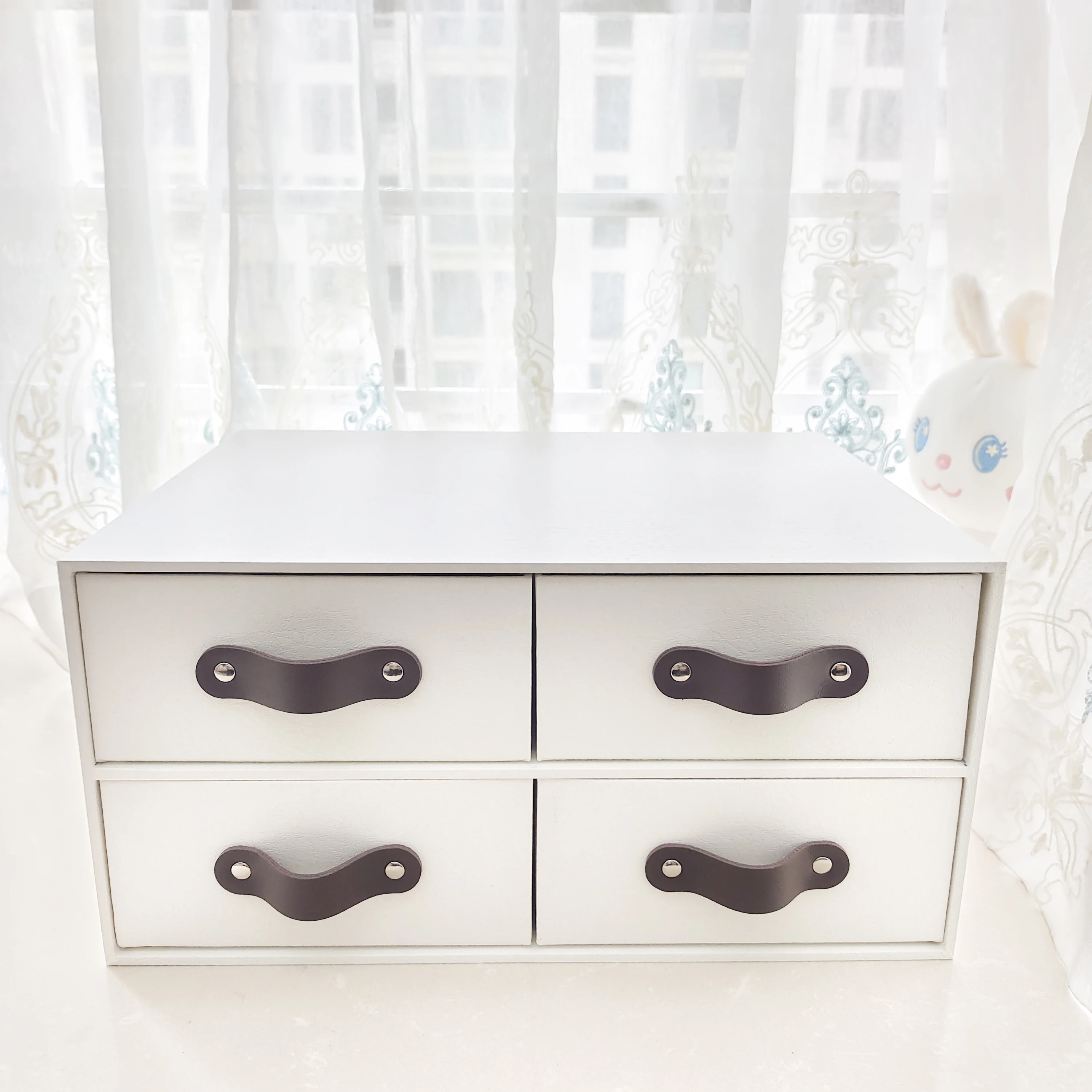 With 4 Drawers Cabinet Cardboard Office Desk Top Organizers Home Storage 2 Layers Cabinet With Leather Handles (1PC)