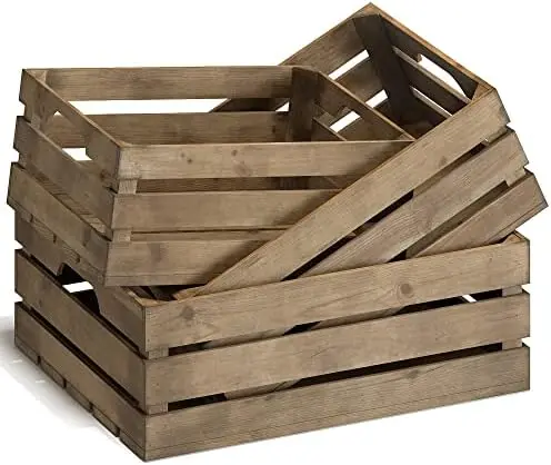 

Crates Set of Three - Decorative Large Nesting Rustic Wooden Crates for Storage, Display, Decor, Boxes - Stackable or Mountable