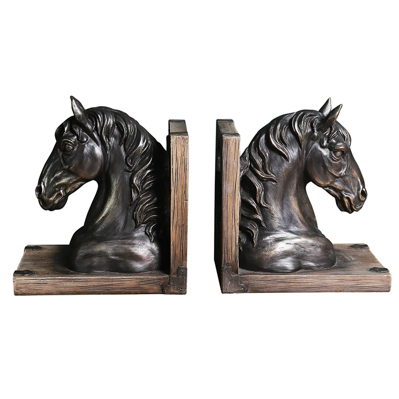 Horse Head Bookends Ornaments Resin American Style Retro Animal Figurines Home Office Study Book Shelf Decors Book Stand Crafts