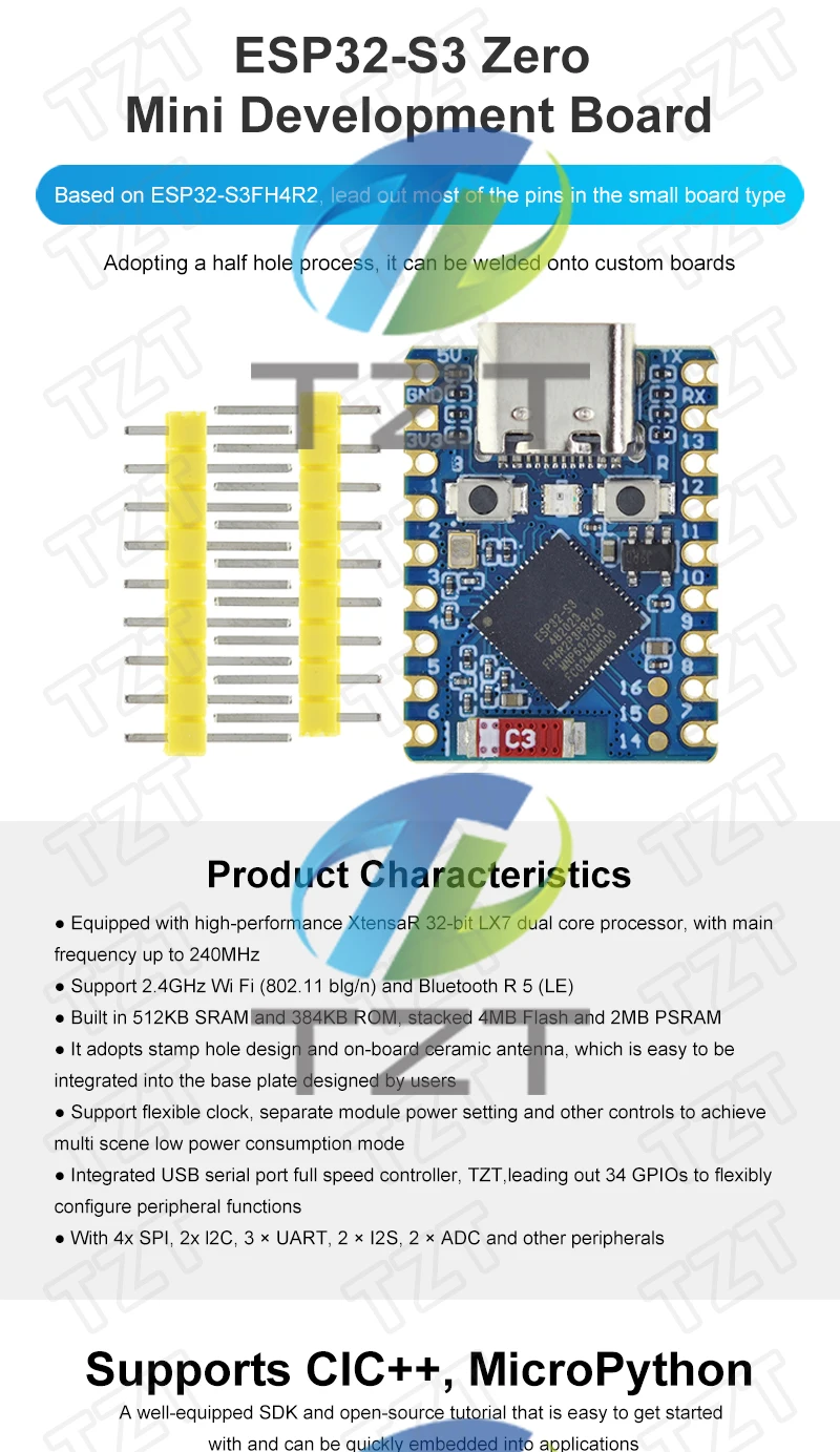 TZT 1/3 Stück ESP32-S3-Zero Mini-Modul WiFi Bluetooth Ultrakleine Größe ESP32 C3 S3 ESP 32 – Detail 1