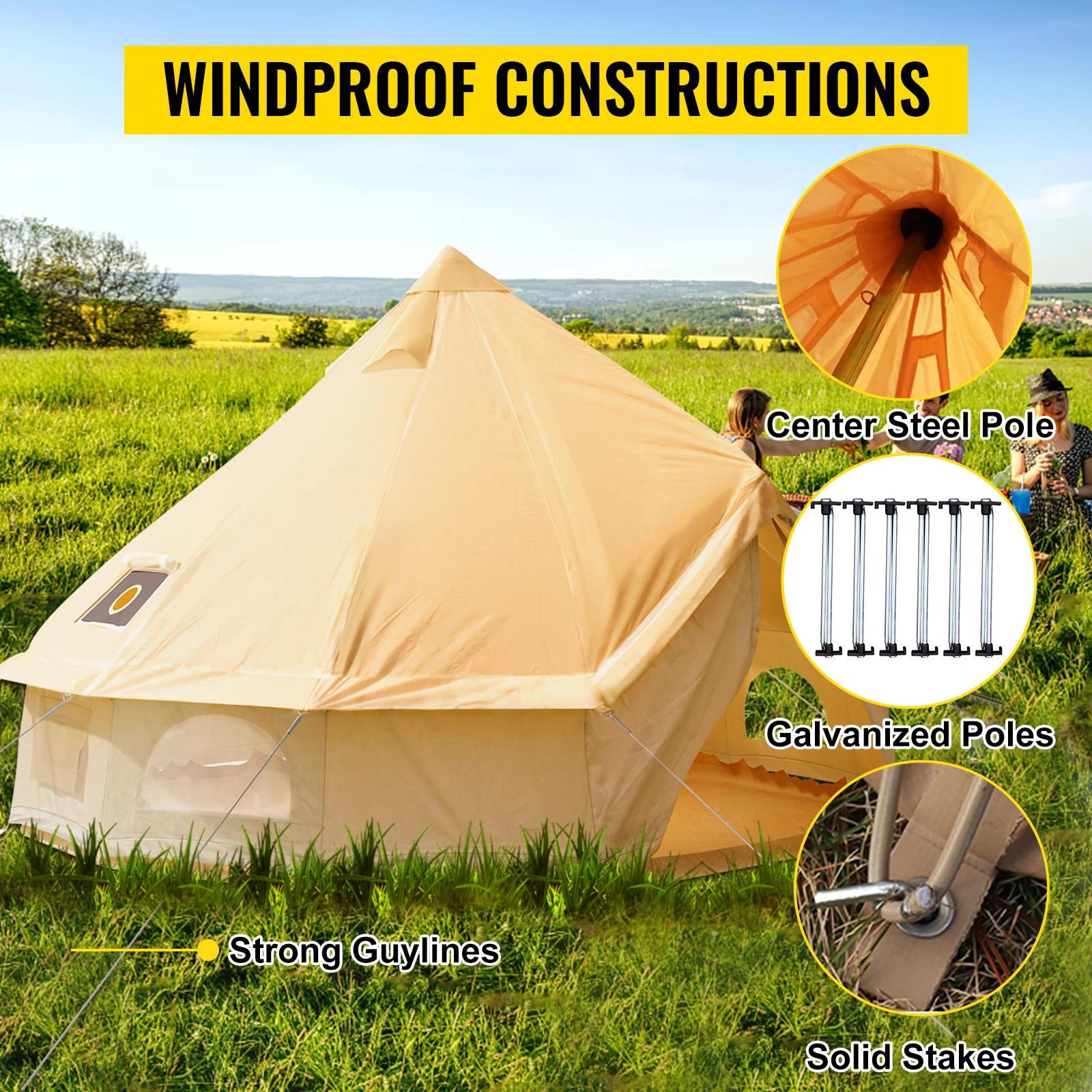 

VEVOR Camping Tent 4-12 Person 3-7m Waterproof Cotton Canvas Bell Tent Outdoor 4 Seasons Family Party Picnic Yurt W/ Stove Hole