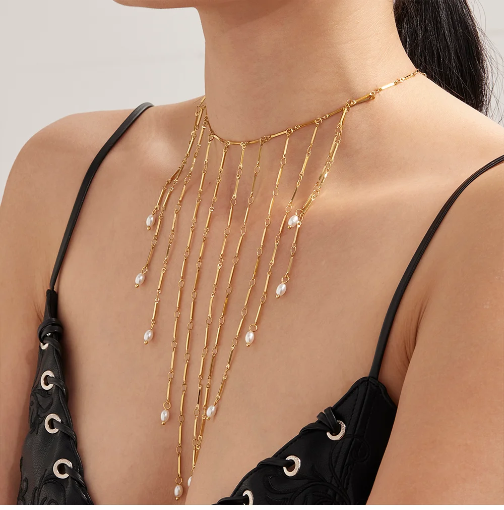 Goldene Silber Natürliche Süßwasser Perle Halskette frauen Edelstahl Vergoldet Lange Quaste Halsband Femme Elegante Schmuck – Detail 11