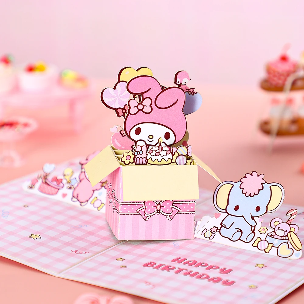 3D Cartoon Greeting Cards Birthday Card Sanrio Hello Kitty Melody Kuromi Pom Pom Purin Pop Up Box Gift Cards