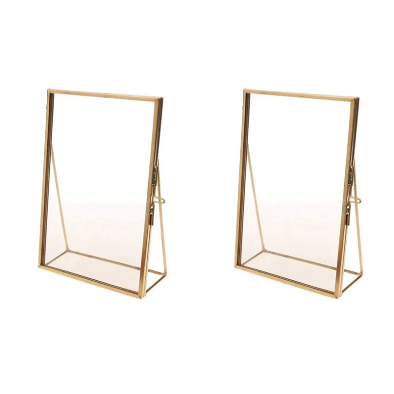 

2X Simple Antique Rectangular Freestanding Transparent Glass Photo Frame For Home Decoration - Gold, 15.2 X 20.3 Cm