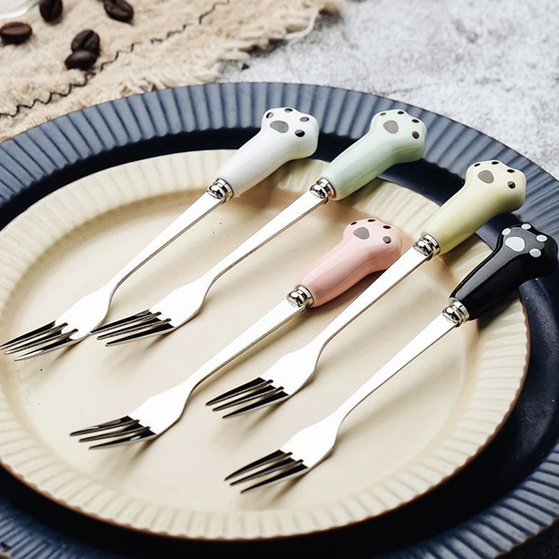 Cute Cartoon Cat Paw Fruit Fork Food Grade Stainless Steel Edges Mirror Polished Portable Tableware Fork For Adults Kids School For fruit fork portable cutlery