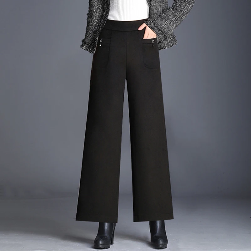 Autumn Winter Woolden Wide Leg Pants Women Solid Colors High Waist Baggy Trousers Casual Korean Big Size Loose Ankle-Length Pant