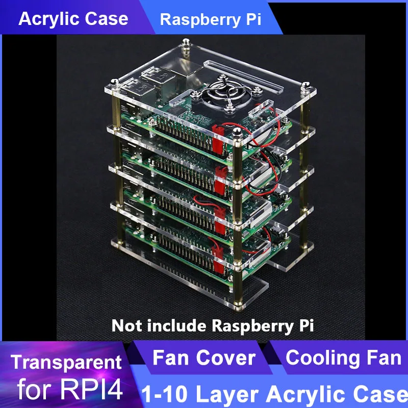Custodia Rack Per Raspberry Pi 4 | 4 Strati Acrilico Con Ventola E Dissipatori | Compatibile Con Pi 4B/3B+/3B/2B