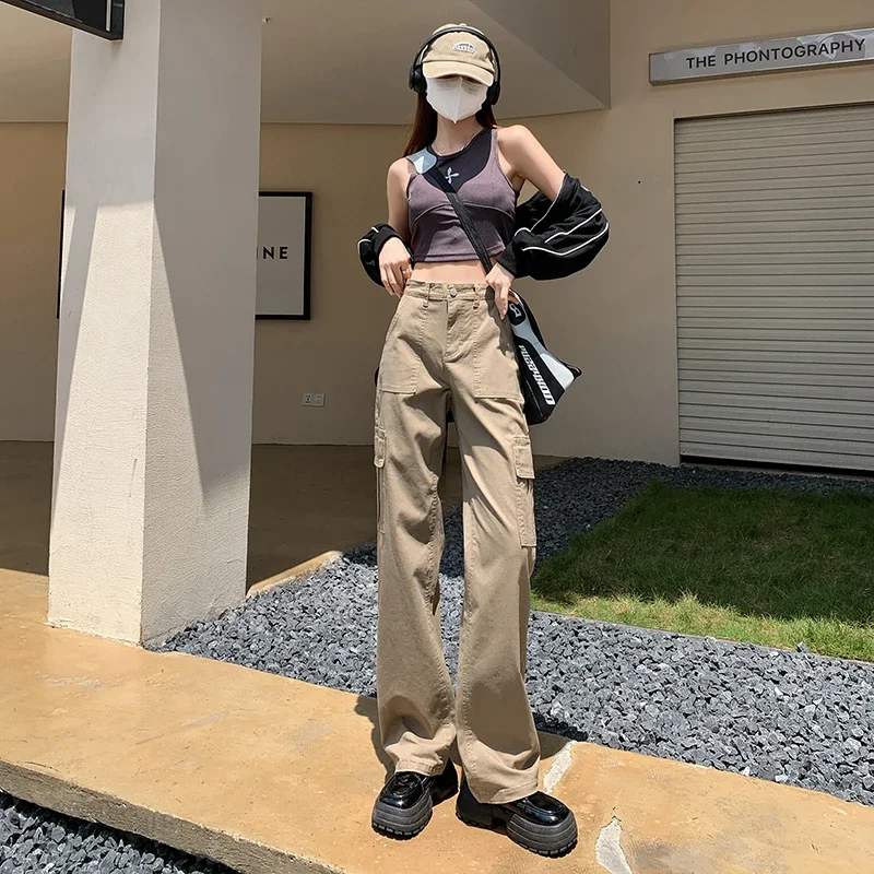 American Retro Khaki Green Pockets Cargo Pants Women 90s Baggy Workwear Jeans Female Straight Loose Wide Leg Trousers Summer Y2k women straight jeans patchwork organ pocket elasticated waist denim pants female new casual workwear style multi pocket trousers